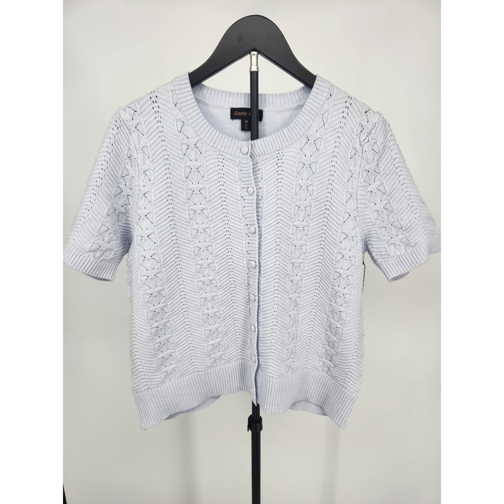 Amore Rose Womens Light Blue Short Sleeve Pointelle Knit Cardigan Sweater Size M - Picture 1 of 6